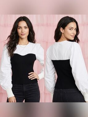 Anthropologie En Saison Women’s Black Ribbed Long Sleeved Puff Blouse Top SizeXS